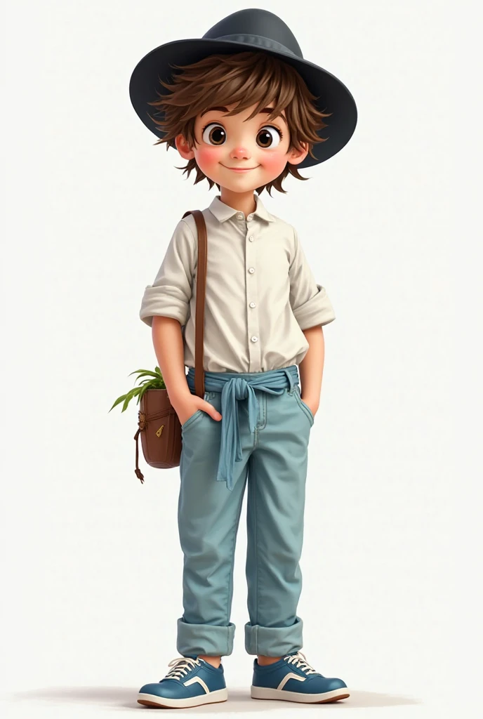 White boy with messy brown hair, with a black hat, black eyes, a white blouse with a long sleeve up to the elbow with a planter that is tied around his pants in a light blue color and with blue sneakersWhite boy with messy brown hair, with a black hat, bla...