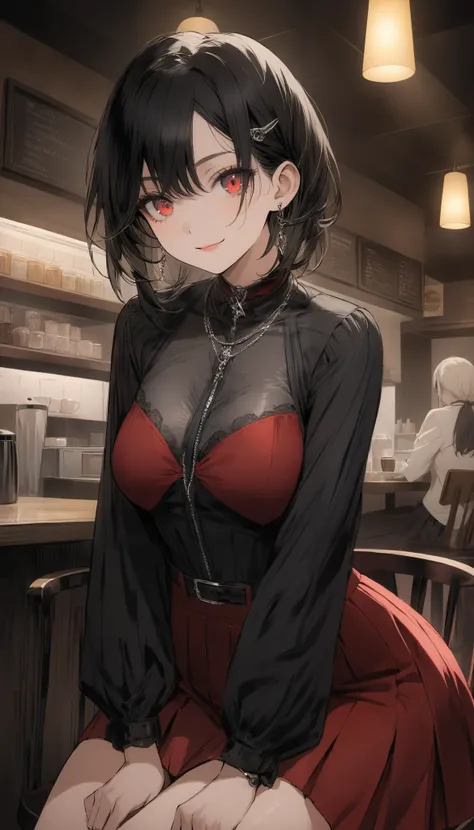 ( masterpiece, top quality, top quality, beautiful、Midea:1.2), 1 person,beautiful, anime style illustration , it's cute, sexy clothes and beautiful and cute、 black hair, girls on the left, mature woman, 40 years old, Speaking Eyes, , coffee ...