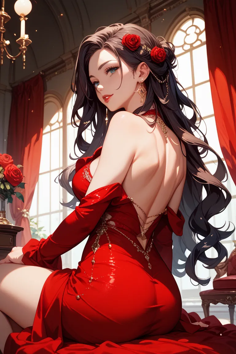 long haired and dark haired ， with dark hair down ，A Girl with Dark Eyes and a Beautiful Face、red glossy lips、Oshitakoshi、Sit with slender legs 、red dress，Brown Beauty，　Suki，Turning around from behind，Rose