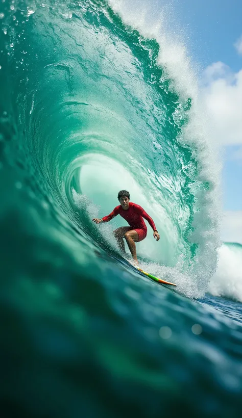 (best quality, 128k,highres,masterpiece:1.2),ultra-detailed,(realistic,photorealistic,photo-realistic:1.37), ((masterpiece)) ((photography)) ((Highest quality)) A first-person perspective of a surfer riding a massive barrel wave, with a surreal and dreamli...