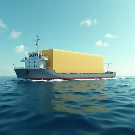 A very simple cargo ship carrying an enormous stick of butter laying horizontally in the ocean