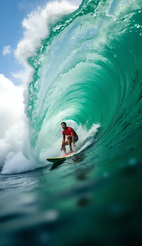 (best quality, 128k,highres,masterpiece:1.2),ultra-detailed,(realistic,photorealistic,photo-realistic:1.37), ((masterpiece)) ((photography)) ((Highest quality)) A first-person perspective of a surfer riding a massive barrel wave, with a surreal and dreamli...