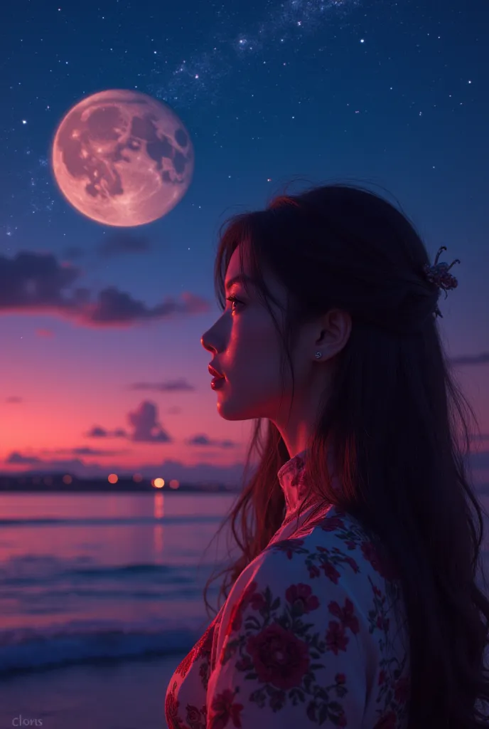 A stunning Asian woman’s profile illuminated by a gradient of night sky and sunset hues, with a radiant full moon and twinkling stars above, creating a serene, enchanting atmosphere........ professional photoshoot, epic scenery, cinematic lighting, photore...