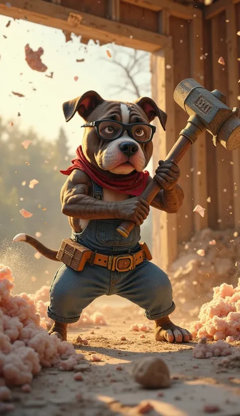 Create a dynamic, cinematic low-angle shot of Titan, a  brindle-coated Pitbull with a glossy white chest patch and intense amber eyes, standing bipedally in a demolition zone within the garage. He wears safety goggles, a faded red bandana, and denim overal...