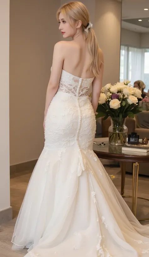  1girl ,glowing_skirt,She has a high ponytail with light blonde hair that shines with luster,full of vitality. She is dressed in a white wedding dress with a strapless top **** of lace overlay. The strapless top highlights her elegant and graceful lines wi...