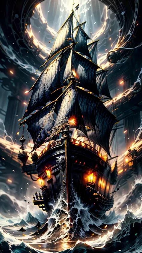 a slender pirate ship deep in the sea, in the deep sea, lights are seen on the pirate ship that is deep in the sea, fish, seahorses, jellyfish around the ship, shadows of pirates, of pirate men, intricate details,