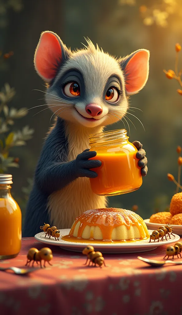 Tonic the anteater is cheerful, licking a jar of honey while pushing away a plate full of ants.  on its side, there is a table filled with puddings, Cakes and quindins glowing.  The environment is joyful , with vibrant tones and lots of colorful details.