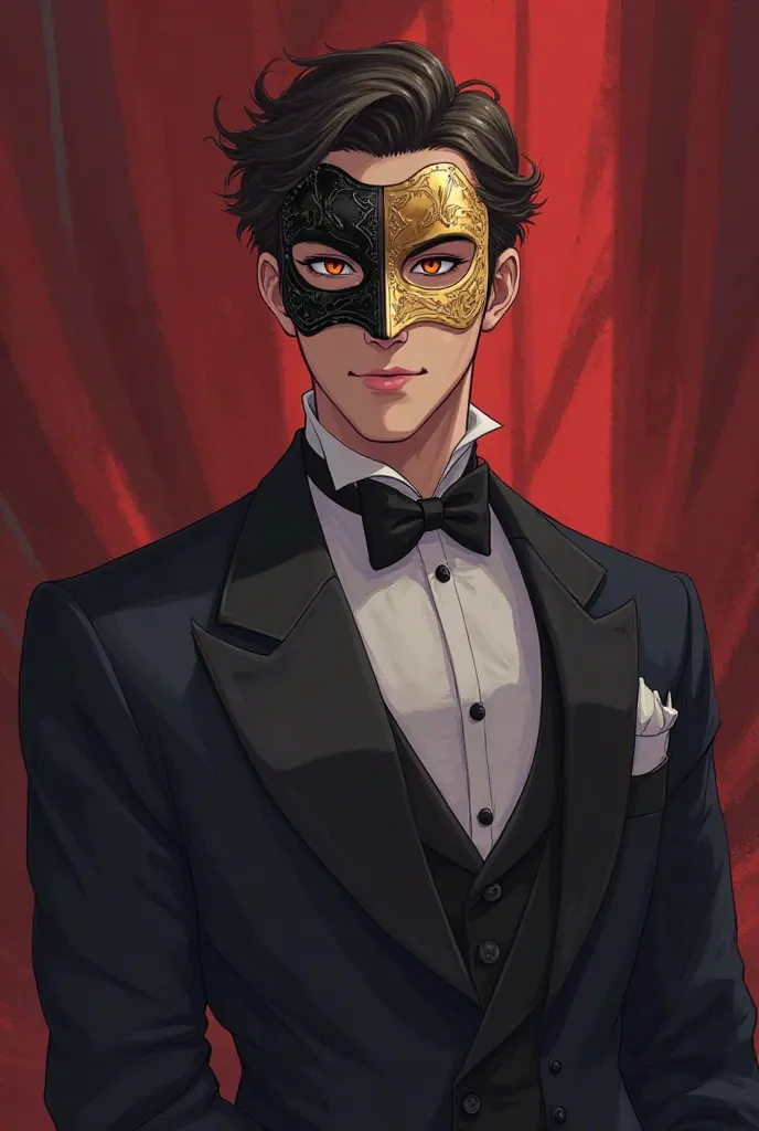 I need you to describe the character's appearance to me. I need a character, a man of 30, a count, in an elegant suit, with sharp eyes and a charming smile. On the upper half of his face there should be a mask, this is a masquerade ball. 

In anime style