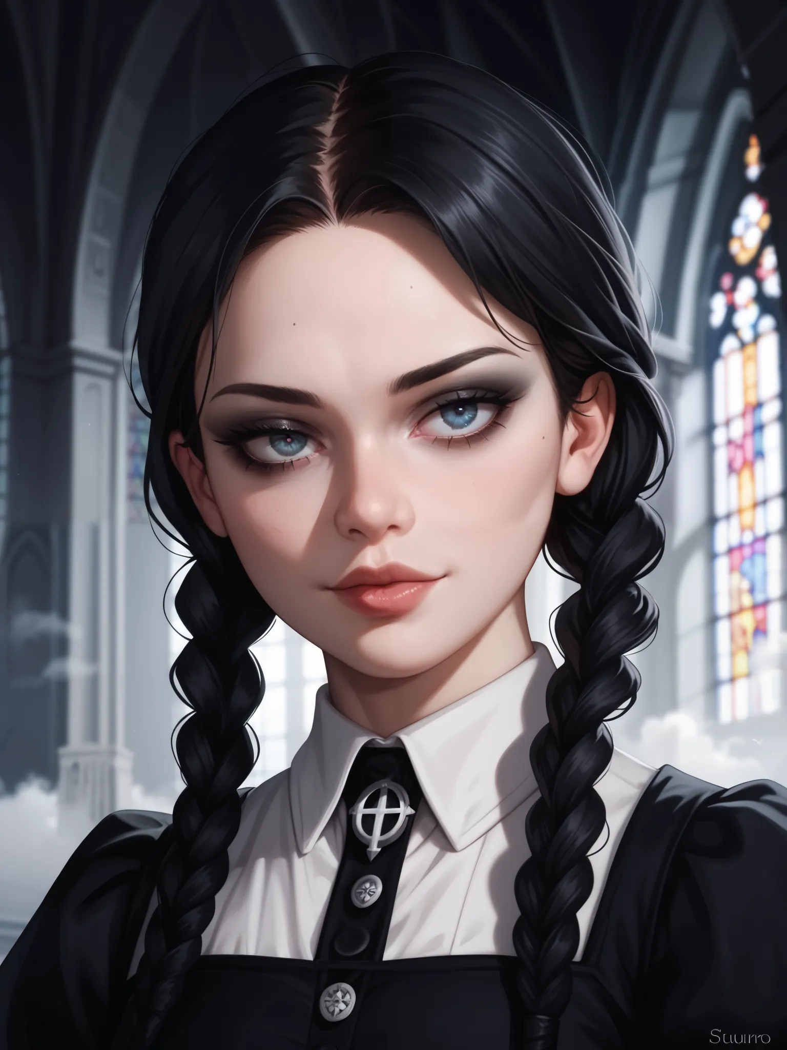 Wednesday Addams, pigtails, foggy, nighttime, dark clouds, outside, Gothic church background, sexy, seductive, high detail, masterpiece.