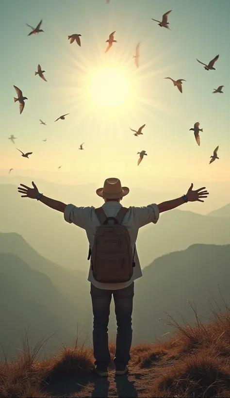 The figure of the traveler now stands before the infinite horizon. He opens his arms in a gesture of surrender and total connection with the universe. Birds fly away, and the sunlight seems to wrap you in a heavenly embrace. The scene transmits the message...