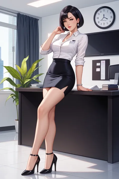 Beautiful dark-haired short bob girl wearing a white blouse and dark blue tight skirt,black stockings with black pumps,pin heels,Japanese company