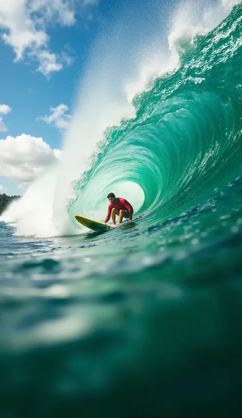 (best quality, 128k,highres,masterpiece:1.2),ultra-detailed,(realistic,photorealistic,photo-realistic:1.37), ((masterpiece)) ((photography)) ((Highest quality)) A first-person perspective of a surfer riding a massive barrel wave, with a surreal and dreamli...