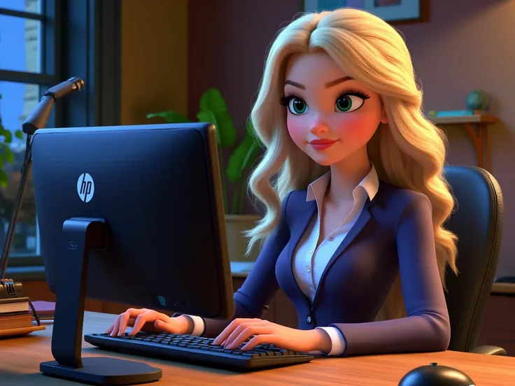 a beautiful girl with long blonde hair, detailed eyes, nose, and lips, wearing  professional outfit, siting in her office, using her computer, hp comuter (best quality,4k,8k,highres,masterpiece:1.2),ultra-detailed,(realistic,photorealistic,photo-realistic:...