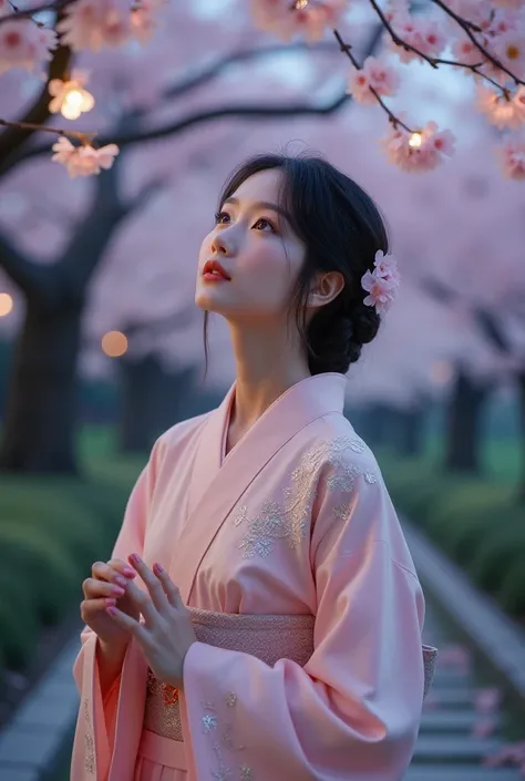 A graceful young Japanese woman standing in a serene cherry blossom garden at night. She has delicate, naturally wavy pink-tinted hair that falls gently over her shoulders and calm, golden-brown eyes that reflect the soft glow of the moonlight. Her skin ap...