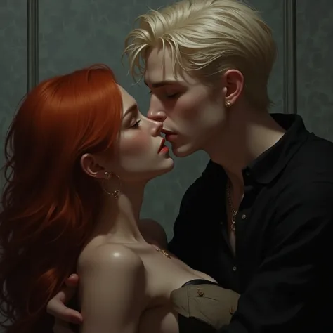 Platinum blond guy in a black shirt kisses a girl with bright red hair,grey wallpaper background ,close-up,lip zoom,runs away from the mountain High quality ,HD