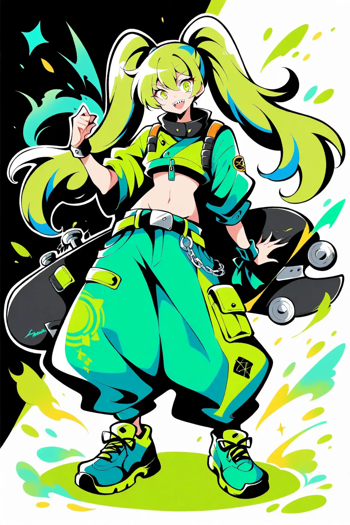 (has the best quality, graffiti sketch:1.2),practical, illustration designer  ,cunning，1 girl,  long white long hair anime girl with double ponytail, Big eyes and sharp teeth, wearing a white cropped vest and huge loose pants，blue and lime green color sche...