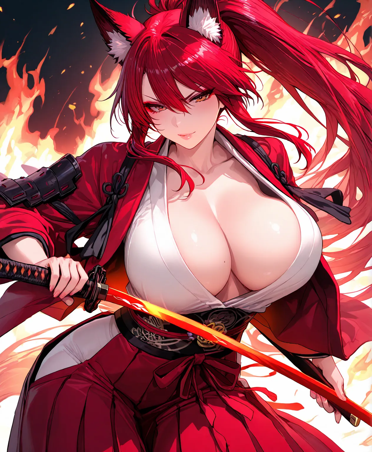  8K Best quality Masterpiece Close Long red ponytail Red fox ears Red fox ears Nine-tailed fox Very large breasts Red eyeshadow on the lower eyelids Five fingers Seductive Japanese style Kimono Wearing a red jacket Hakama long Toned body Toned body Inferno...