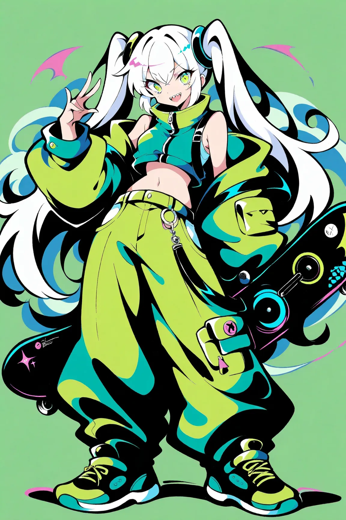 (has the best quality, graffiti sketch:1.2),practical, illustration designer  ,cunning，1 girl,  long white long hair anime girl with double ponytail, Big eyes and sharp teeth, wearing a white cropped vest and huge loose pants，blue and lime green color sche...