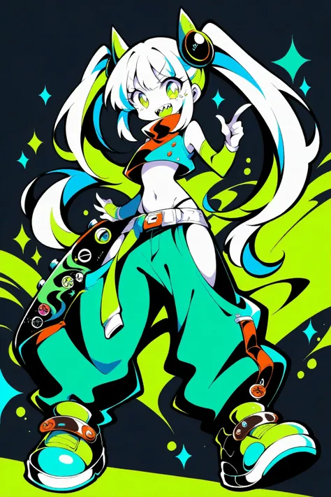 (has the best quality, graffiti sketch:1.2),practical, illustration designer  ,cunning，1 girl,  long white long hair anime girl with double ponytail, Big eyes and sharp teeth, wearing a white cropped vest and huge loose pants，blue and lime green color sche...