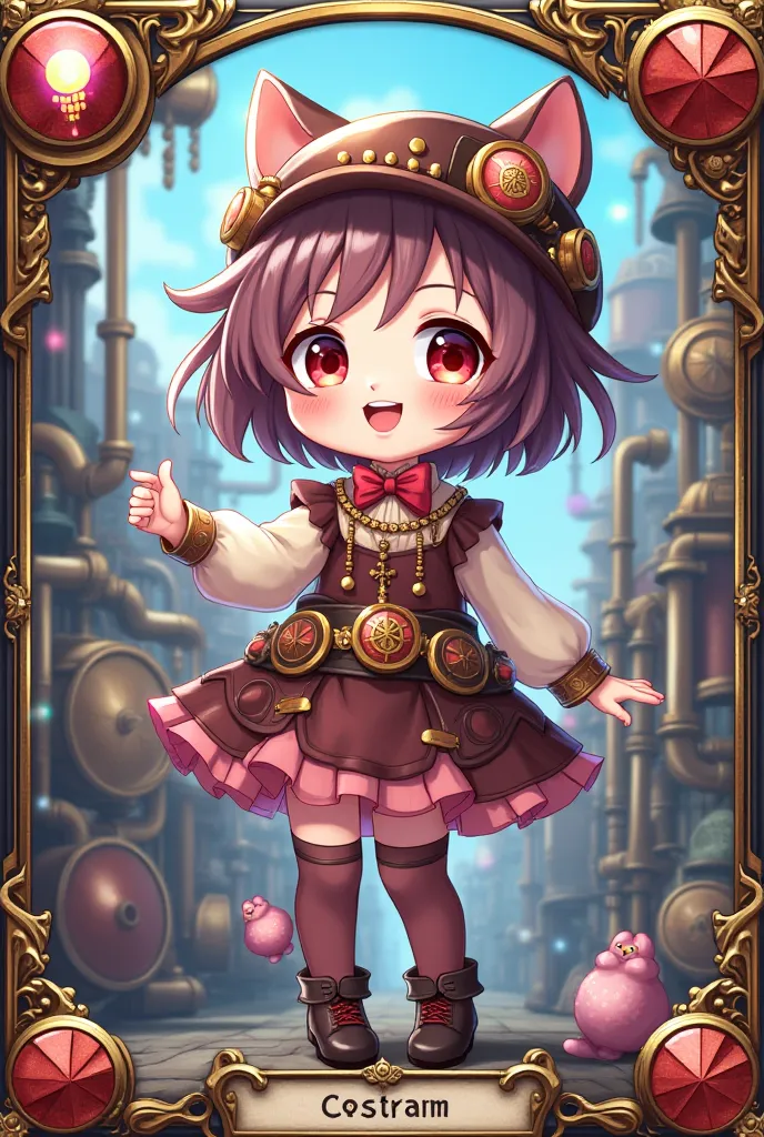 little character style anime that became a trading card、Steampunk fashion with cute designs、Steampunk fashion with lots of big and small gear、Full Body Image、The card frame is a glittering hologram