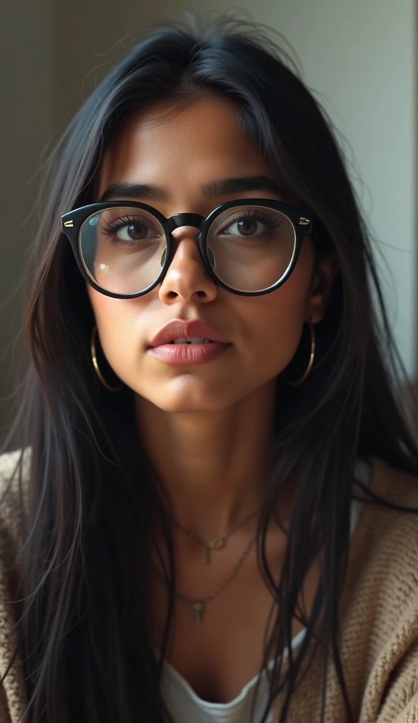 Adult indian girl with straight hair and glasses 