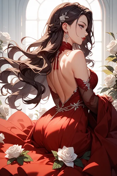 long haired and dark haired ， with dark hair down ，A girl with dark eyes and a beautiful face、red glossy lips、Oshitakoshi、Sit with slender legs 、red dress，Brown Beauty，　Suki，Turning around from behind，White Rose，profile