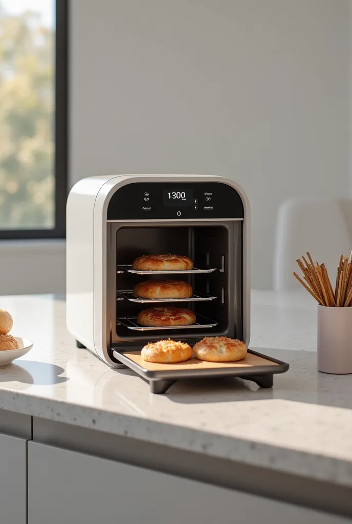 creates an image of an appliance for baking and heating food, which knows when the food is without the user being attentive. minimalist and for a microhome