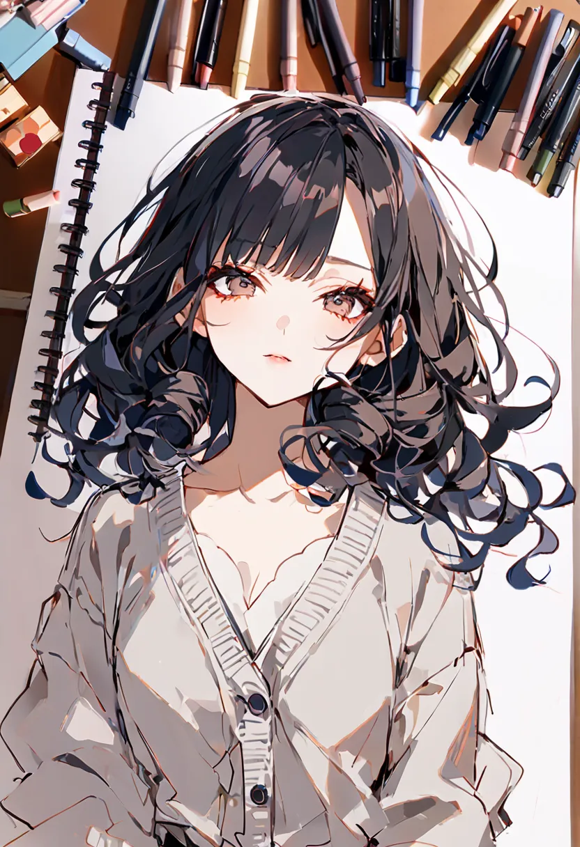 whiteい背景、 no background、borderless 、woman、Alone、upper body、 black hair、short curly hair 、whiteいフリルのブラウス、cardigan、skirt、heavy makeup、 eyeshadow is dark、white、art、sketch、illustrations、illustrationsだけ描いて、A work that looks like a cheap sketch drawn with crayon...