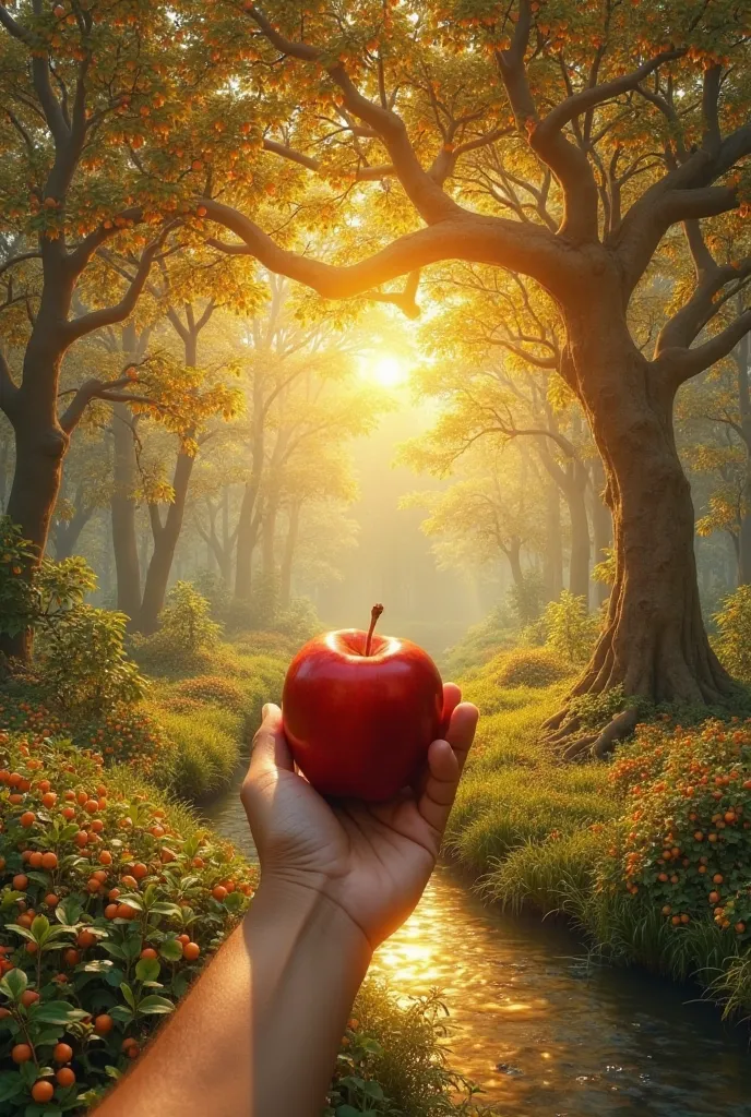 "From the point of view of a man walking through the Garden of Eden, his hand holds a perfectly bright red apple, reflecting the golden light of the heavenly sun. The surrounding environment is an untouched paradise: lush trees with golden leaves and shiny...