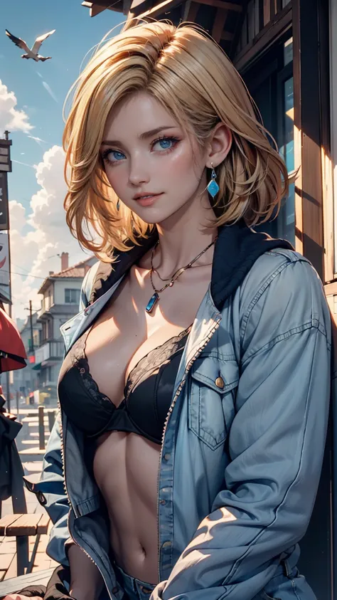 1 girl crouching, Alone,  android 18, blond hair, blue eyes,  short hair,  jewelry, earrings, smile, jacket,   sideways ,  denim ,  denim  jacket, upper body, lingerie, closed my mouth, cloud, null, day, look away, blue null, 1 collarb,