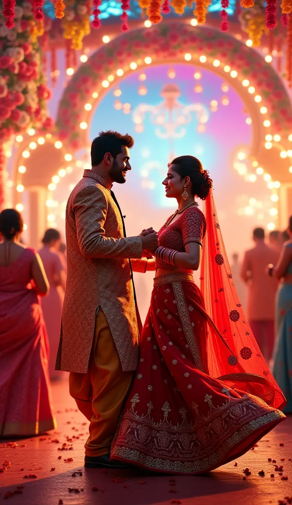 India – An Indian couple in vibrant traditional attire, dancing joyfully at a festive wedding celebration with colorful lights and floral decorations.