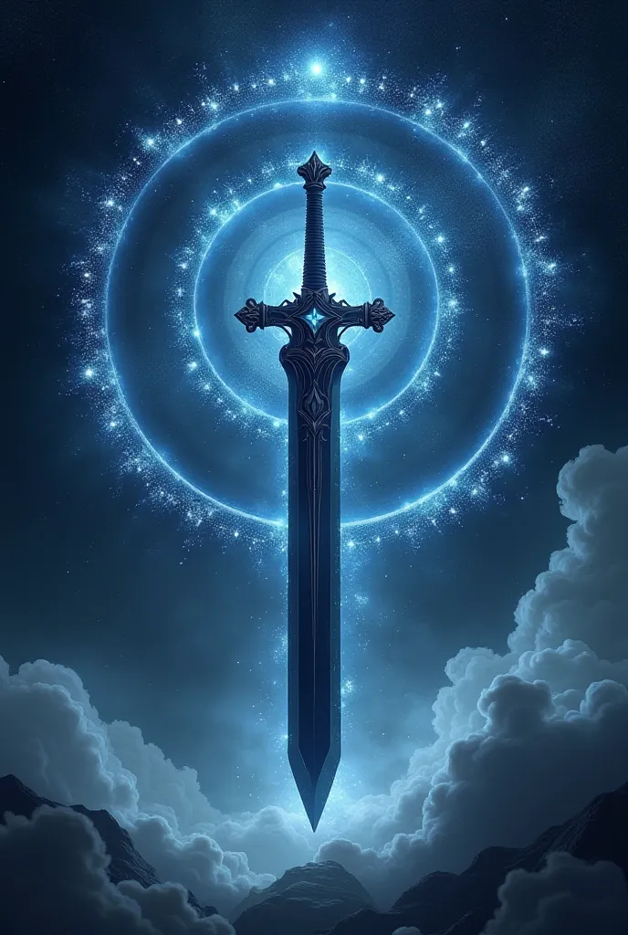 I want to create a tarot card. It had a black sword that vibrates an energy as if it were smoke coming out of it and back from it. In general, this sword is floating in the air and in this atmosphere there is a rim in the Supreme Sky revolving with three b...