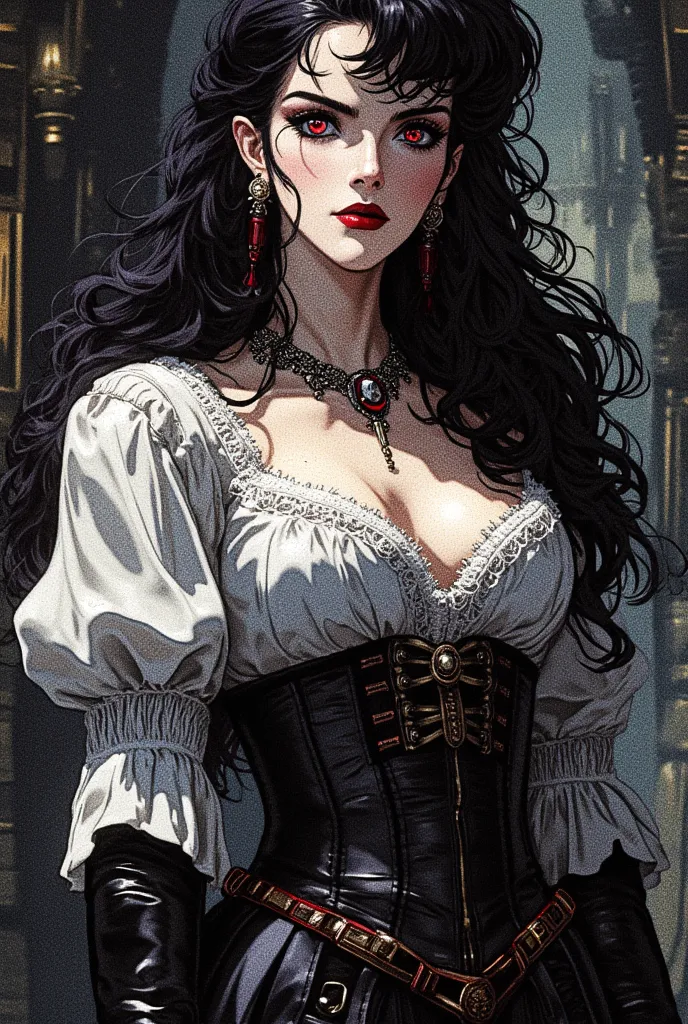 woman, pale skin, gothic makeup, vampire, red eyes, voluminous black hair, pointed ears, look of superiority, dark castle, Countess, low-cut white blouse with details and ruffles, black leather corset, black leather cause, black leather boots.