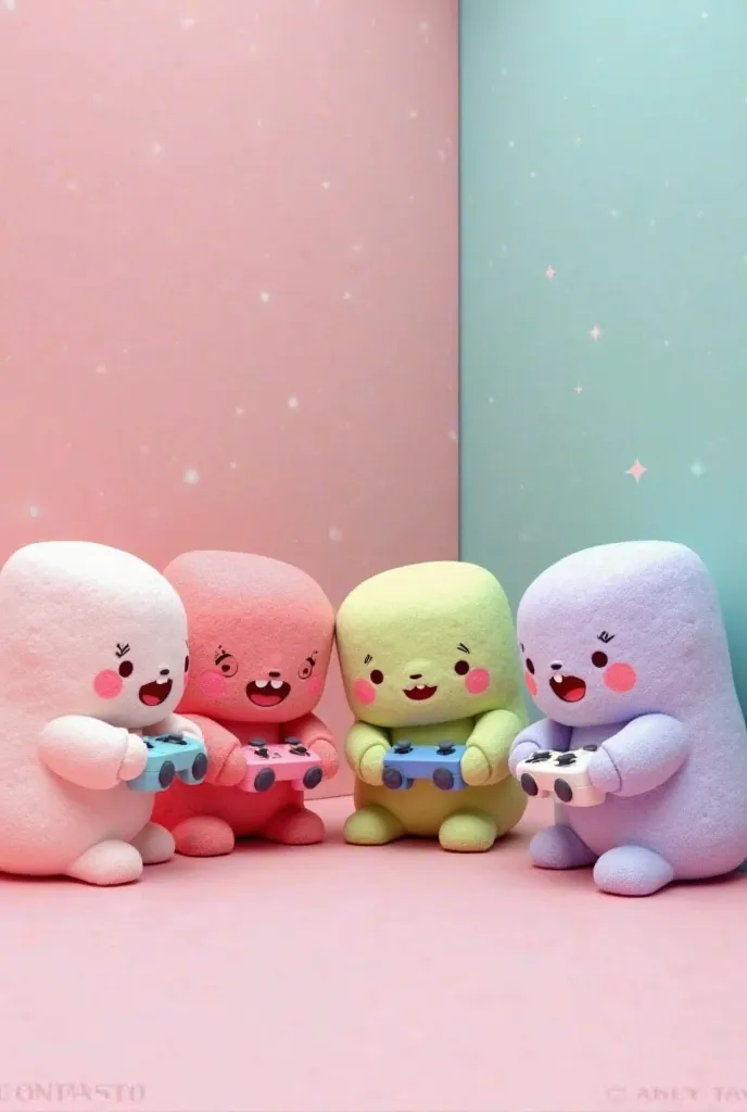 4 marshmallow with cute faces and gaming together with 4 colors each one have its own color ( pink red green and purple ) 