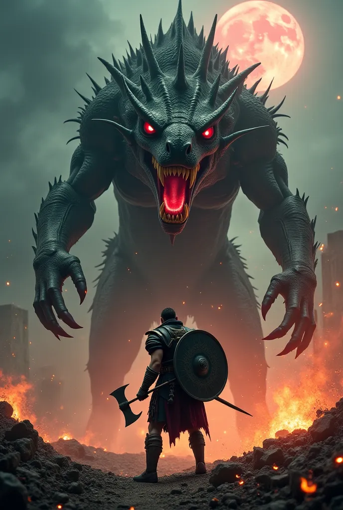 A battle-hardened historical warrior, clad in authentic ancient armor, stands defiantly against a towering mythical beast. The warrior could be a Viking with a massive axe, a samurai wielding a katana, or a Roman centurion with a gladius and shield—choose ...