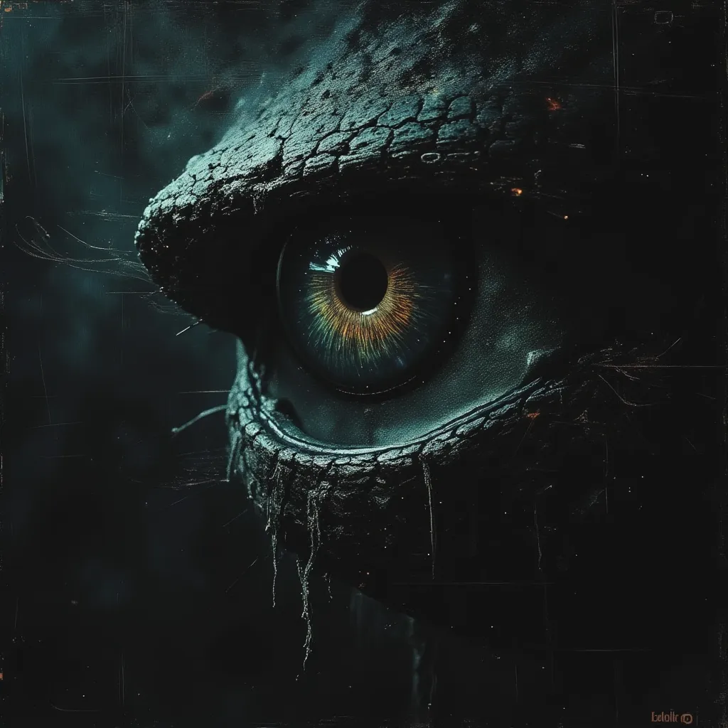 Evil Naga eye with vertical pupil in the style of horror Novel cover with no human