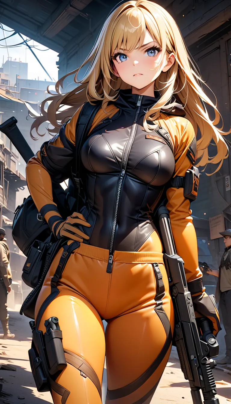 (Highest quality:1.24, Very detailed, Delicate and beautiful CG art, Detailed illustrations, Attention to detail, masterpiece:1.2, Highest quality, Best aesthetics), beautiful blonde, medium breasts, wide hips, skin suit, unzipped, sheathed sword, hand bla...