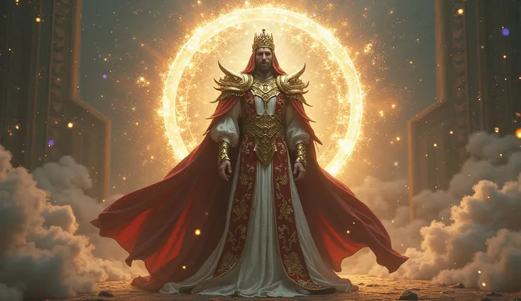 "A majestic king standing in an ethereal realm, wearing a royal robe embroidered with golden details. His presence exudes power and authority, with a flowing cape and intricate armor. Behind him, a glowing infinity circle radiates cosmic energy, creating a...