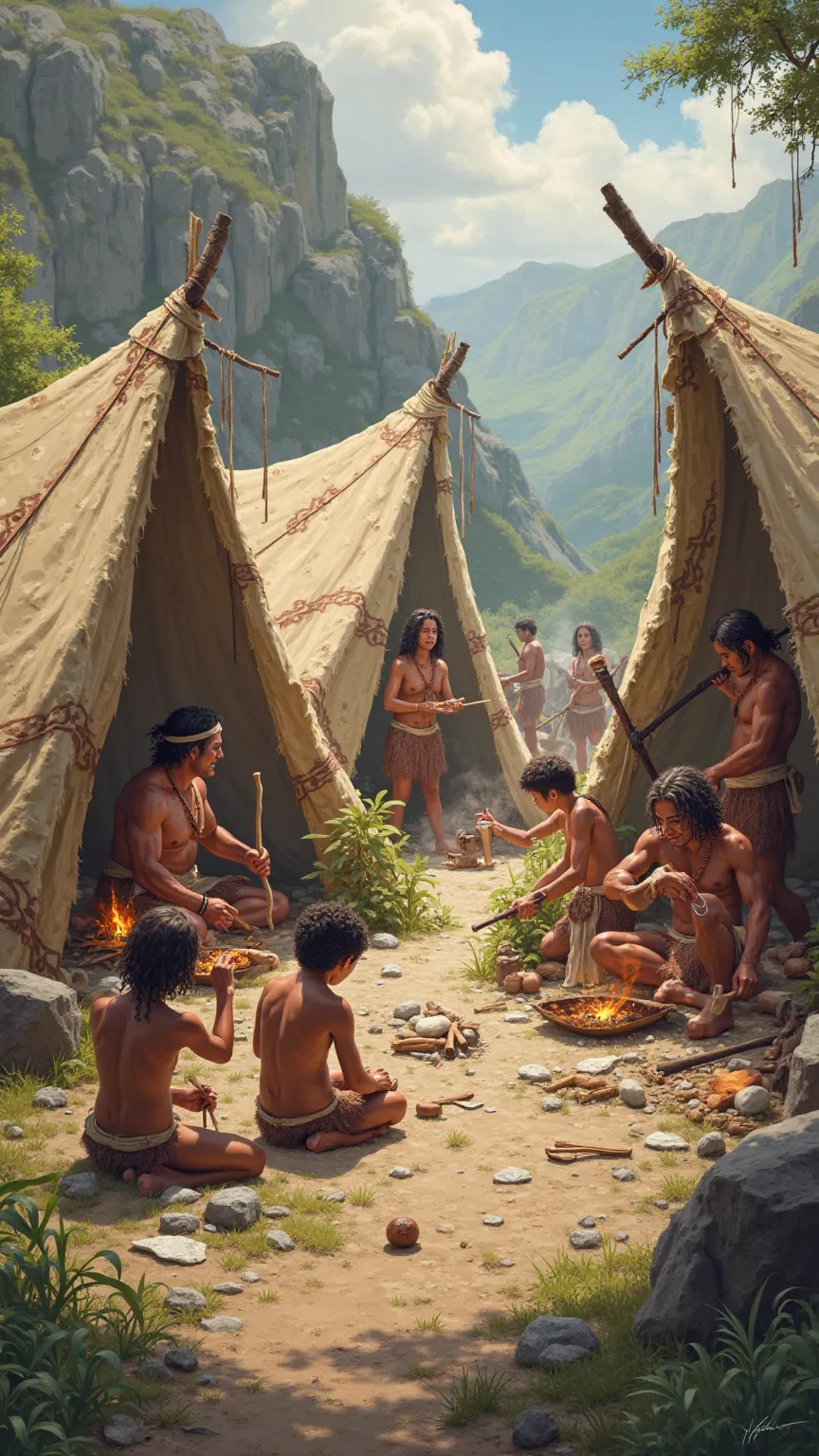 4. Life in the Paleolithic period — A hunter-gatherer camp with tents made of animal skins, people preparing food and ren playing with bones and stones.