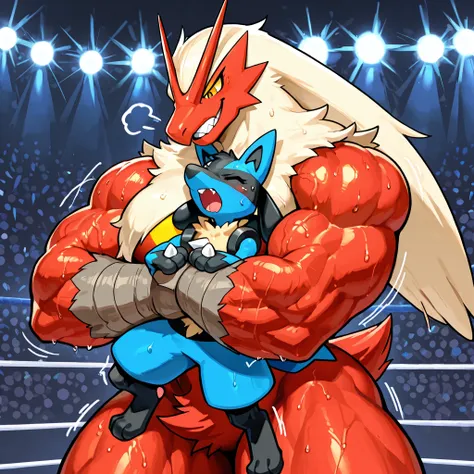 color, giant feral blaziken, small feral lucario, wresling, choke hold, [blaziken:carrying person, head_lock, arms around neck, heavy weight bulky muscular, giant plump strong body, venis popping, thick legs, evil grin, open eyes, sweaty], [lucario:small b...