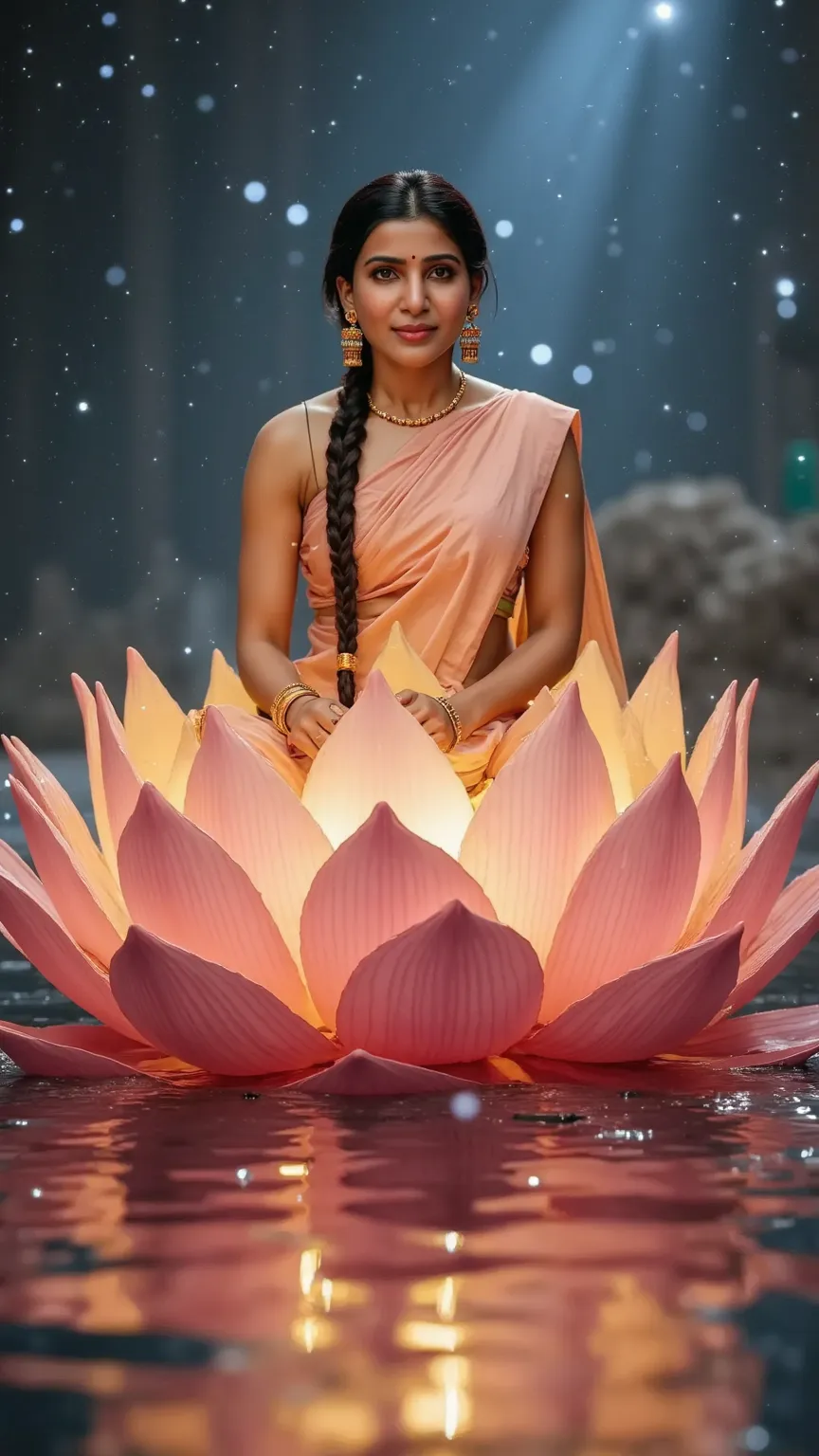 A divine celestial goddess seated on a giant glowing lotus floating above a reflective cosmic lake, draped in a pearlescent pink and gold saree shimmering like stardust, surrounded by celestial beings whispering cosmic secrets, her jewelry glowing with the...