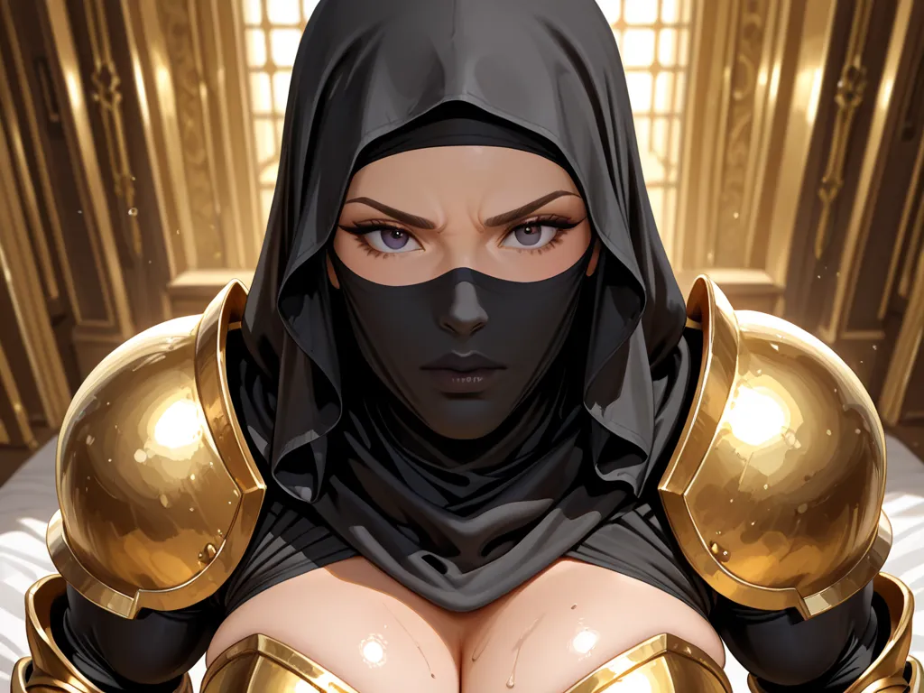 (high quality), (very detailed), (masterpiece), （perfect anatomy）,  A Serious Japanese Man Becomes a Woman  , Chest１００ｃｍ The mammary glands and plump breasts that have grown , is a female Muslim warrior wearing gold armor with a black hijab,  Bare your fac...