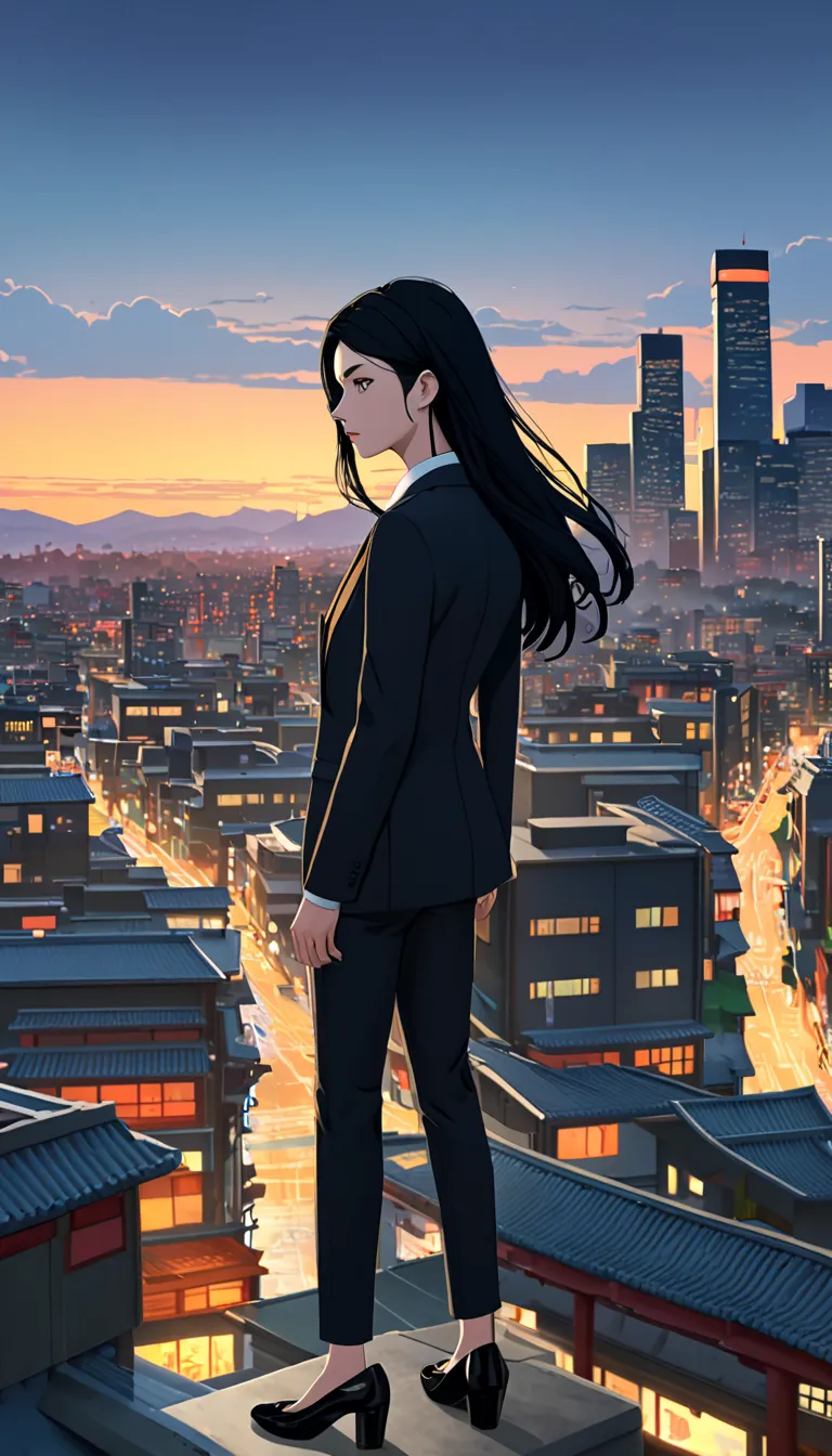 top quality, 26 year old female, black hair, long hair,  dark eyes , black clothes,  suit,  suit바지,  is standing,  city background, high resolution, Realistic, Rich color ,  expert levelanimation 스타일, 4K, 극Realistic,  expert level, Vibrant Color, exquisite...