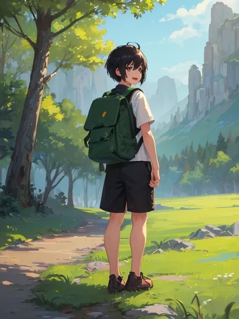 (((One Asian boy)), black hair with one stray hair, short mash hair, RPG-style adventurer outfit, small backpack on back,  natural standing posture, open-mouthed smile, full body shot, endless, majestic grassland, gently undulating terrain, bright sunlight...