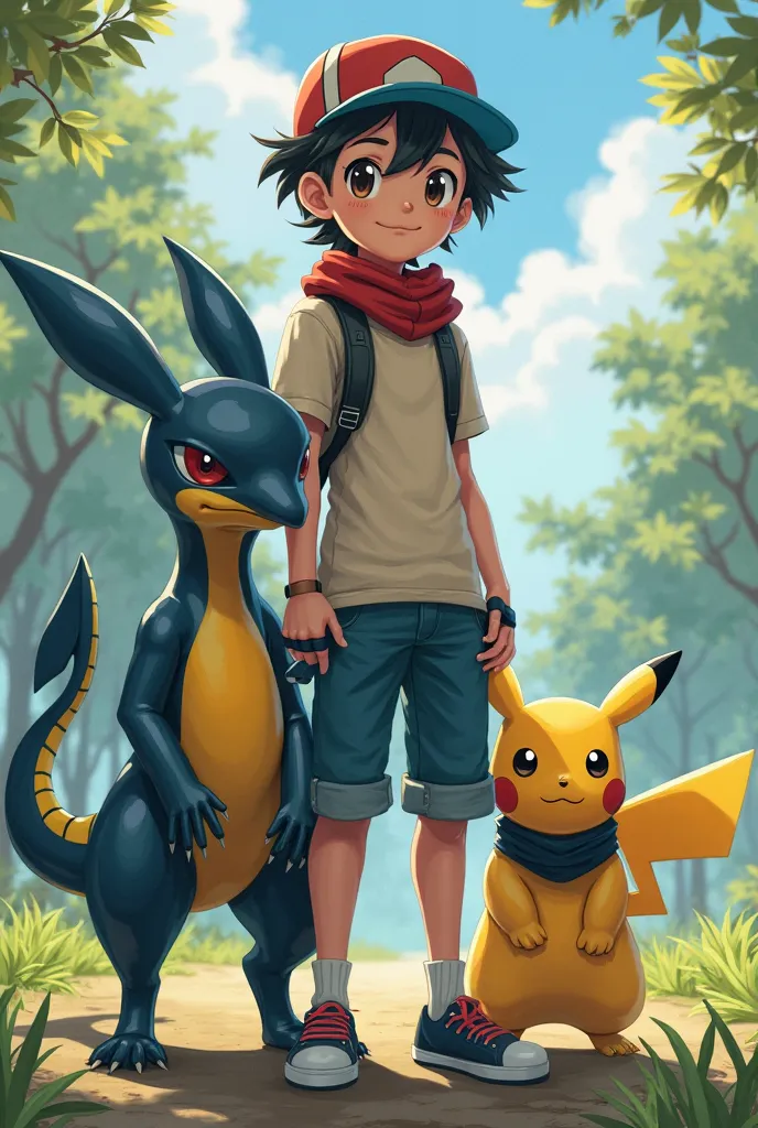 Realistic image of young  posing with greninja with red muffler and pikachu pokemon