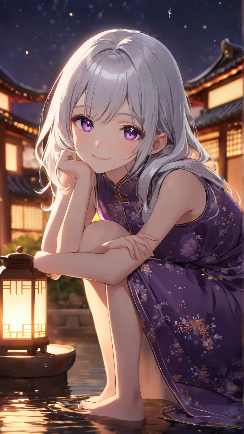 1 girl crouching, solo, chest, smiles, High Resolution, masterpiece, high quality, shortcut,  Silver Hair, Slim,anime, China dress,night,Aperture F1.2,purple eyes