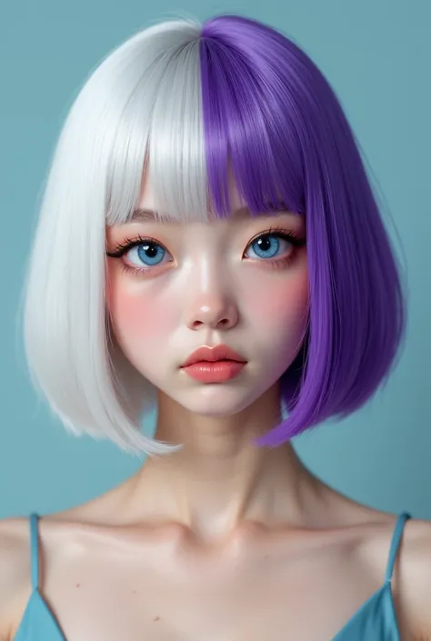 A highly realistic portrait of a young woman with a captivating and unique appearance. She has large, bright blue, almond-shaped eyes with a slightly slanted, Korean-inspired look. Her skin is fair, smooth, and flawless, with beautifully shaped, full lips....