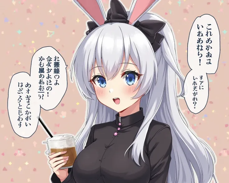 generate an anime high school very big breasts she has white long hair blue eyes she tall 
holding my hand and smile in shyness whlie i was drinking coffee she wear ribbon and black bunny suit her Breasts was so big that the suit almost couldn't fit in her...