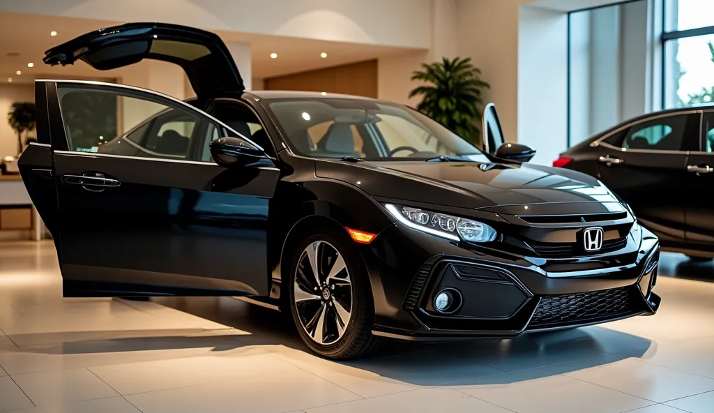 colour black side view in  Honda civic luxury in  the showroom.The side view, open the All door view highlighted with beautiful  and stylish image. ,(black) colour side view in open all door,in the showroom.The side view, highlighted with beautiful  and st...