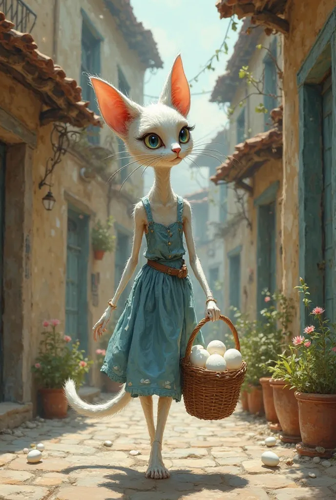 A tin skinny female white cat wearing a toured dirty blue dress working on local home streets with basket of white eggs on her hand